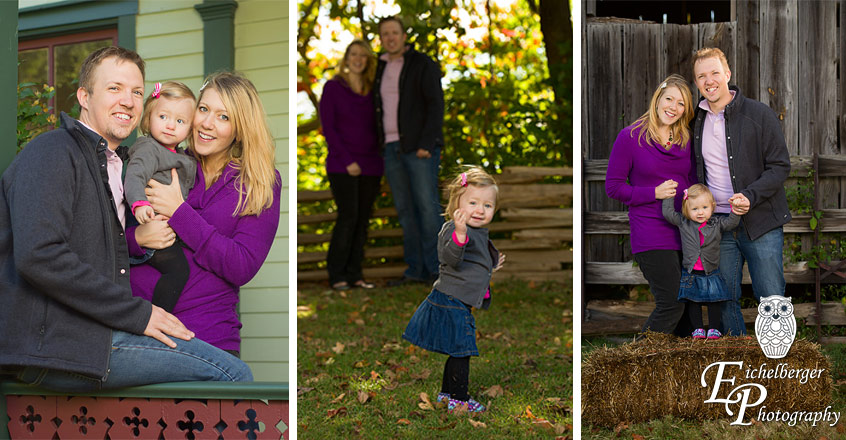 Toddler plays in leaves and on hay bale in Faust Prak St. Louis Fall Family Portraits by Eichelberger Photography